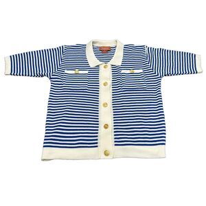 Vintage Worthington Striped Women's Blouse Beige + Blue Half Sleeve Size Medium